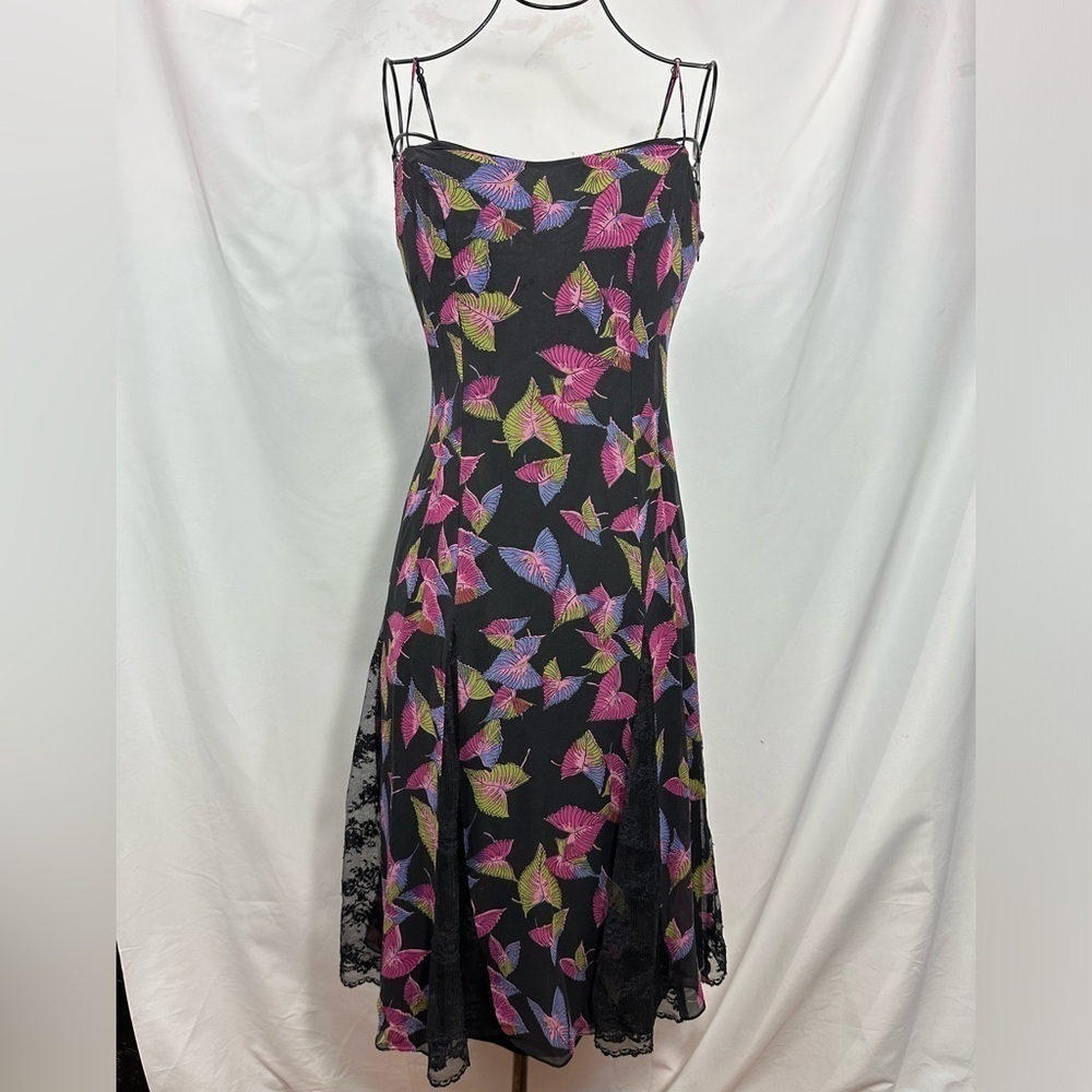 Y2k Betsey Johnson New York Silk Black Leaf Print Midi Dress Size 6
